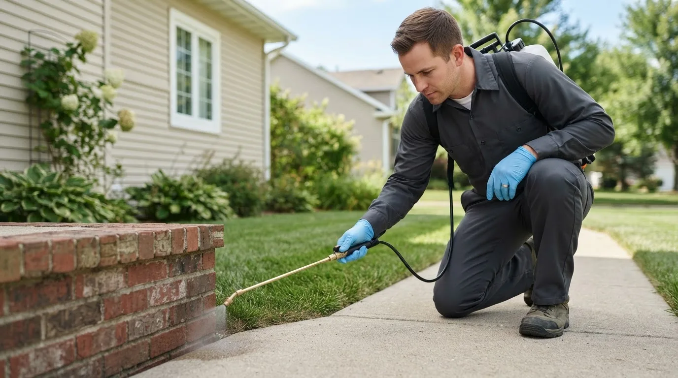 Pest control technician treating a home near Dodson, TX