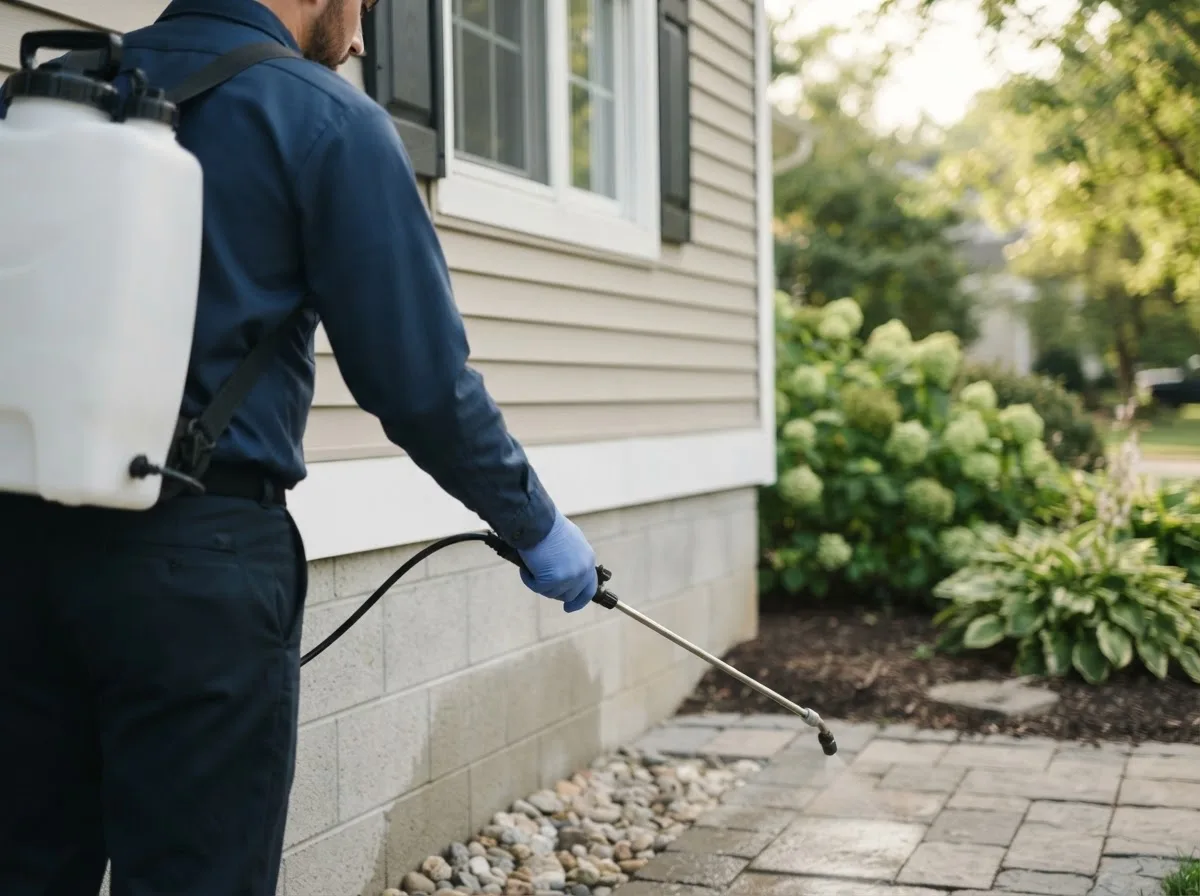 Pest control technician inspecting a home in Dodson, TX